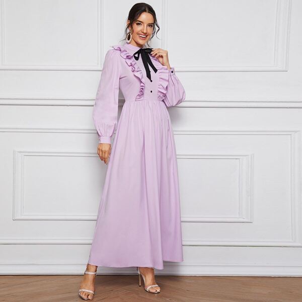 

Tie Neck Ruffle Trim Fit & Flare Dress, Purple pastel