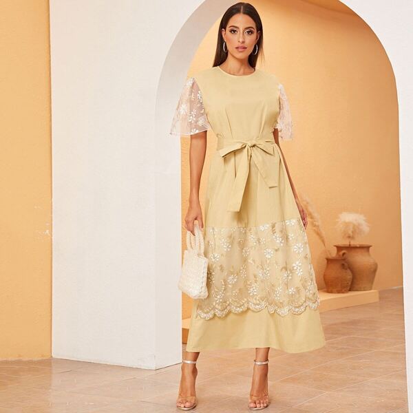 

Embroidered Mesh Panel Keyhole Back Self Belted Dress, Khaki pastel
