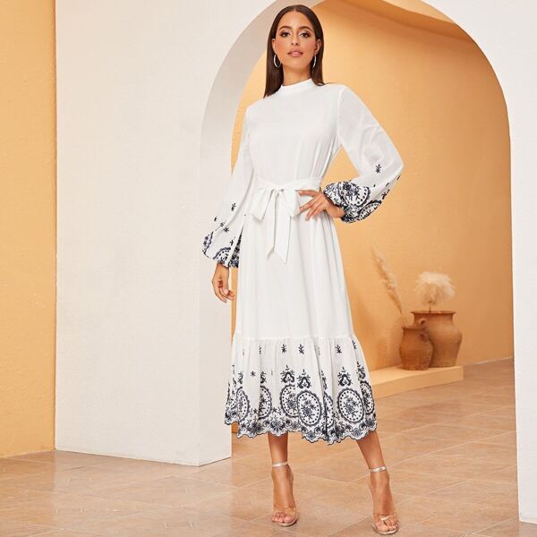 

Embroidered Tribal Lantern Sleeve Scallop Edge Dress, White
