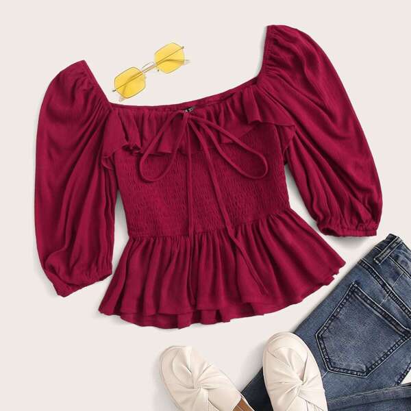 

Ruffle Trim Shirred Two Way Peplum Top, Burgundy