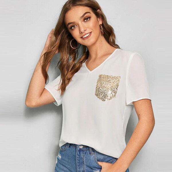 

V-neck Contrast Sequin Pocket Top