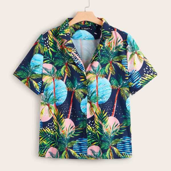

Plus Notched Collar Tropical Print Shirt, Multicolor