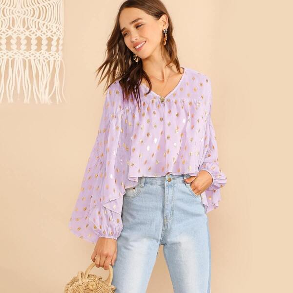 

Polka-dot Batwing Sleeve Sheer Top Without Bra, Purple pastel