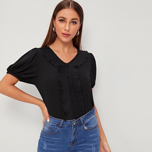 Solid Pleated Ruffle Trim Buttoned Top, Black