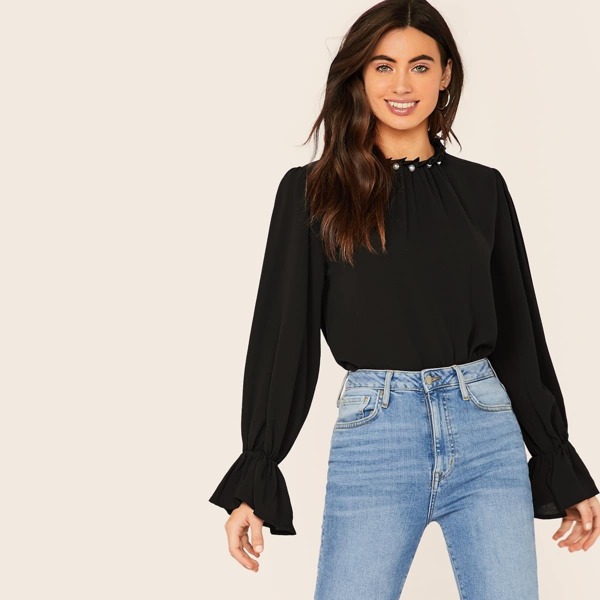 

Pearls Beaded Gathered Neck Flounce Sleeve Top, Black