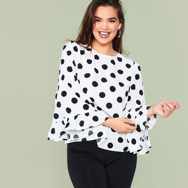 

Plus Keyhole Back Bell Sleeve Polka Dot Top, White