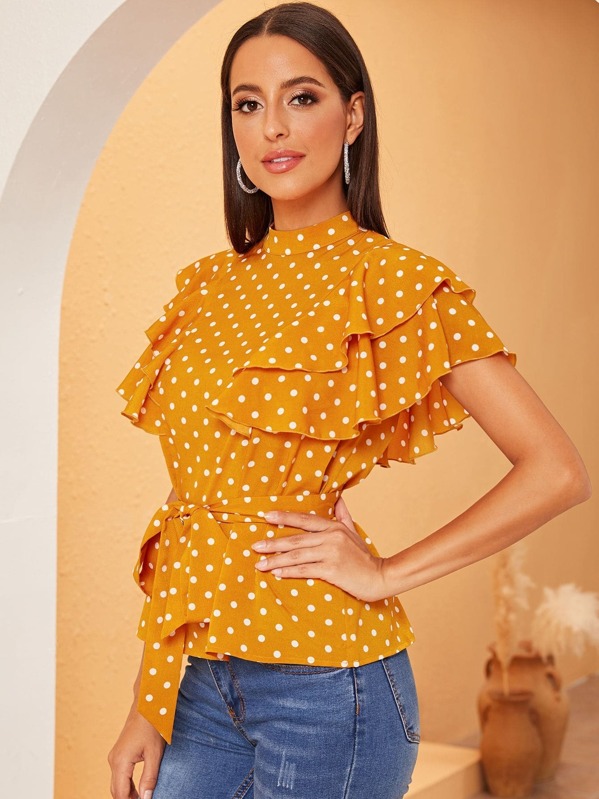 

Mock Stand Layered Sleeve Polka Dot Belted Top, Yellow, Mary P.