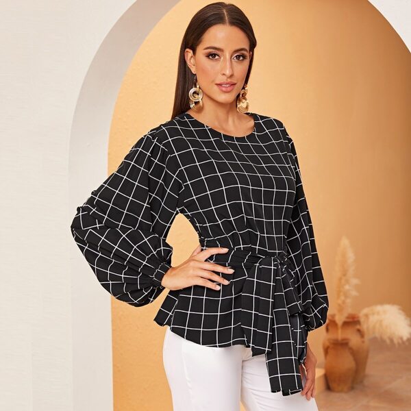 

Lantern Sleeve Grid Belted Top, Black