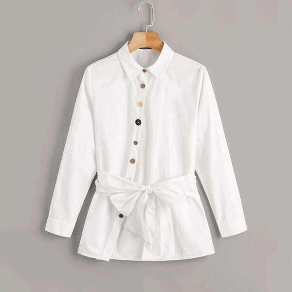 

Plus Button Front Belted Shirt, White