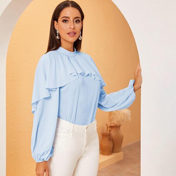

Solid Mock-neck Tie Back Ruffle Trim Top, Blue pastel