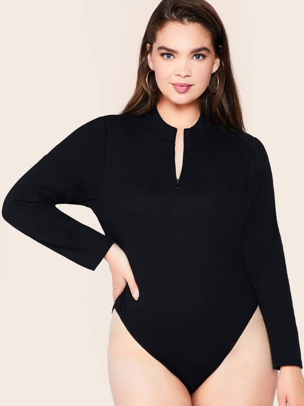 

Plus Zipper Up Rib-knit Bodysuit, Black, Faith Bowman