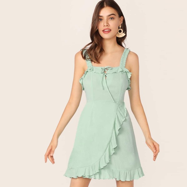 

Ruffle Detail Lace Up Front Wrap Dress, Green pastel