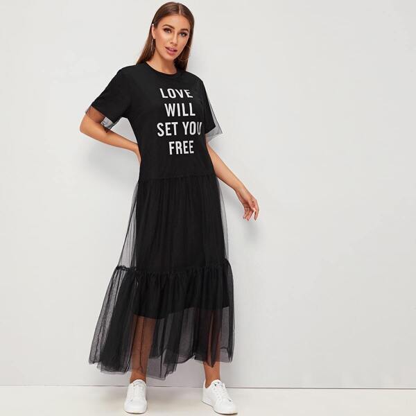 

Slogan Print Mesh Overlay Cuff and Hem Dress