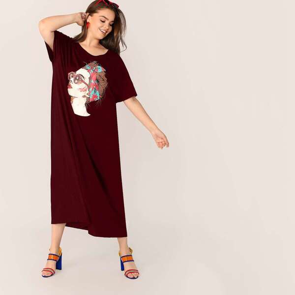 

Plus Figure Print Tee Dress, Burgundy