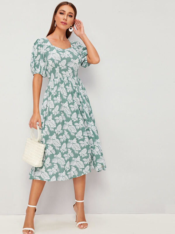 

High Waist Tropical Print Dress, Green, Hanna