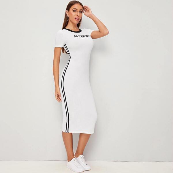 

Letter Print Striped Side Bodycon Dress