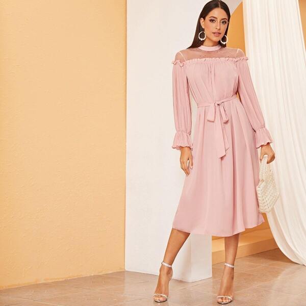 

Mesh Yoke Pleated Sleeve Belted Dress, Pink pastel