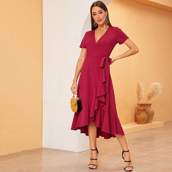 

Surplice Neck Ruffle Trim Knot Side Dress, Burgundy