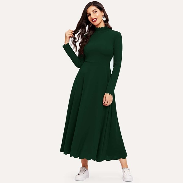 

Zip Back Scalloped Trim Fit & Flare Dress, Green