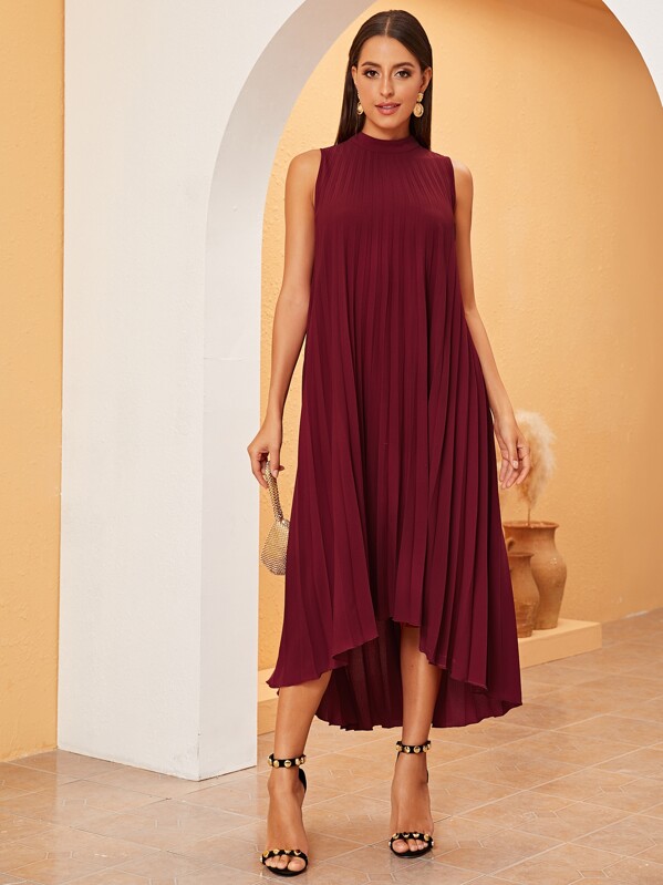 

High Low Hem Pleated Swing Dress, Burgundy, Mary P.