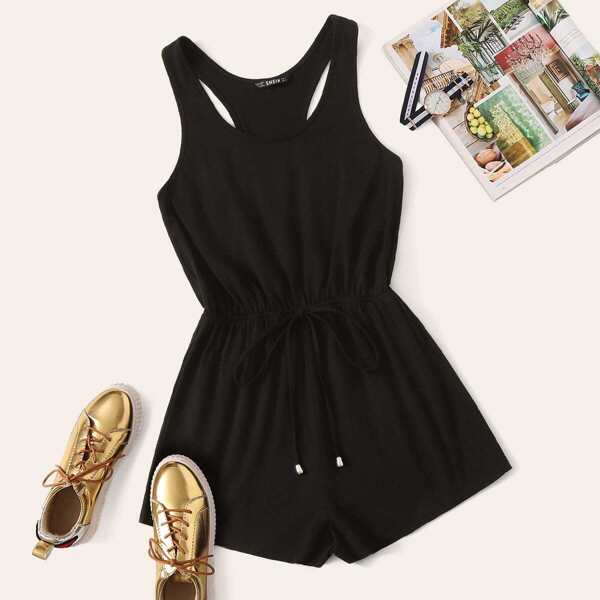 

Drawstring Waist Racerback Solid Romper, Black