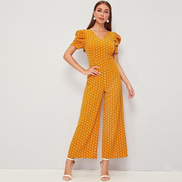 

Puff Sleeve Polka Dot Wide Leg Jumpsuit, Yellow