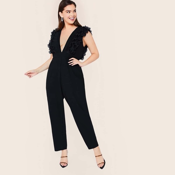 

Plus Plunging Ruffle Trim Jumpsuit, Black