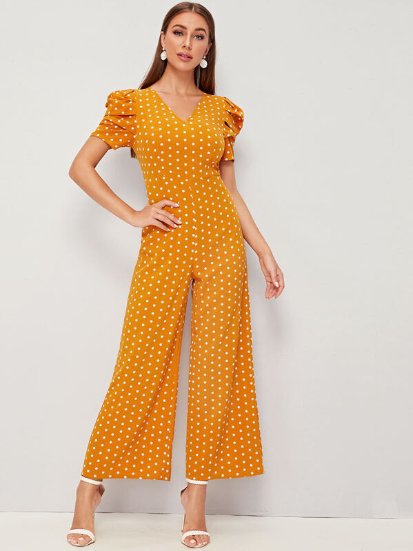 

Puff Sleeve Polka Dot Wide Leg Jumpsuit, Yellow, Hanna