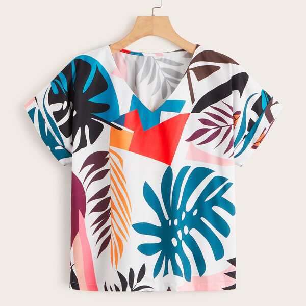 

V Neck Tropical Print Blouse