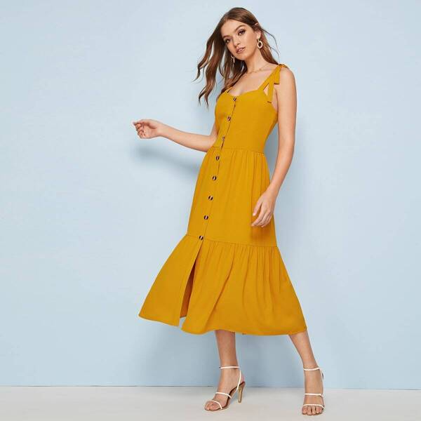 

Tie Shoulder Button Front Shirred Dress
