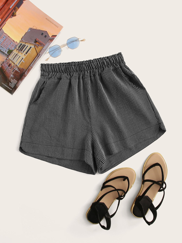 

Striped Elastic Waist Shorts, Grey