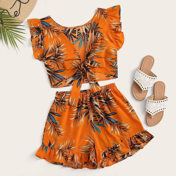 

Plants Print Tie Front Ruffle Trim Top With Shorts, Multicolor