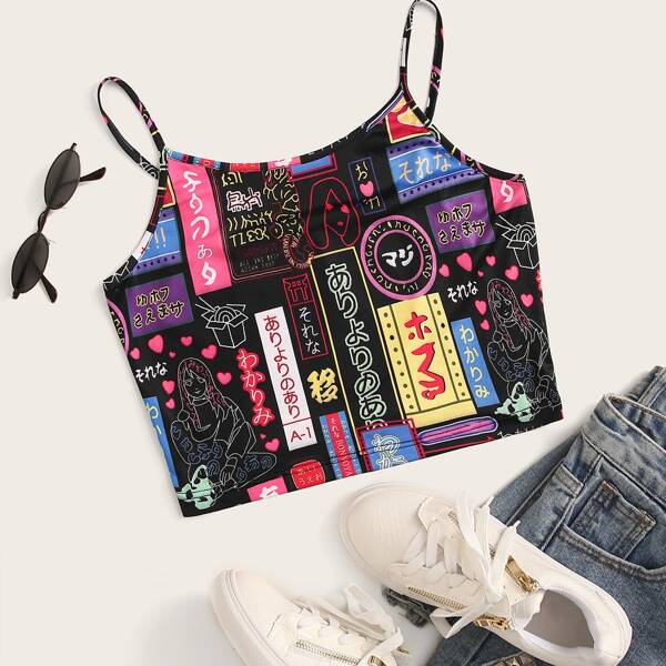

Letter & Figure Print Crop Cami Top, Multicolor