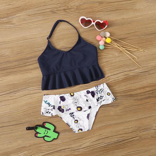 

Girls Ruffle Hem Halter Top With Floral Tankini