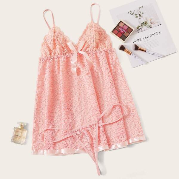 

Plus Floral Lace Slips With Thong, Pink pastel