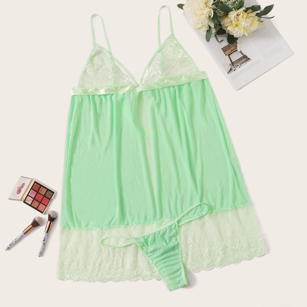 

Plus Lace Trim Mesh Slips With Thong