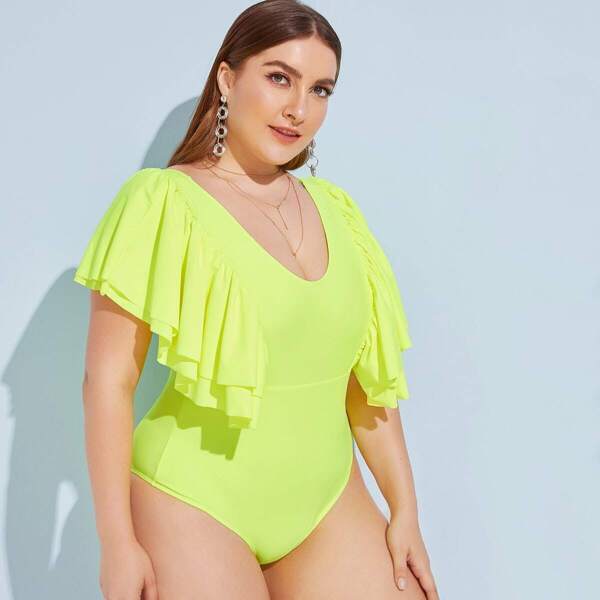 

Plus Neon Lime Ruffle Trim One Piece Swimwear