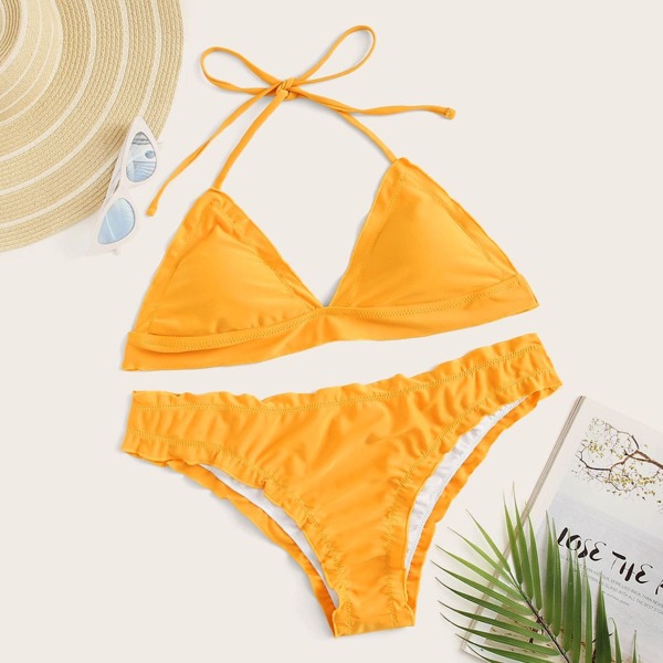

Plus Halter Top With Lettuce Trim Bikini Set, Orange