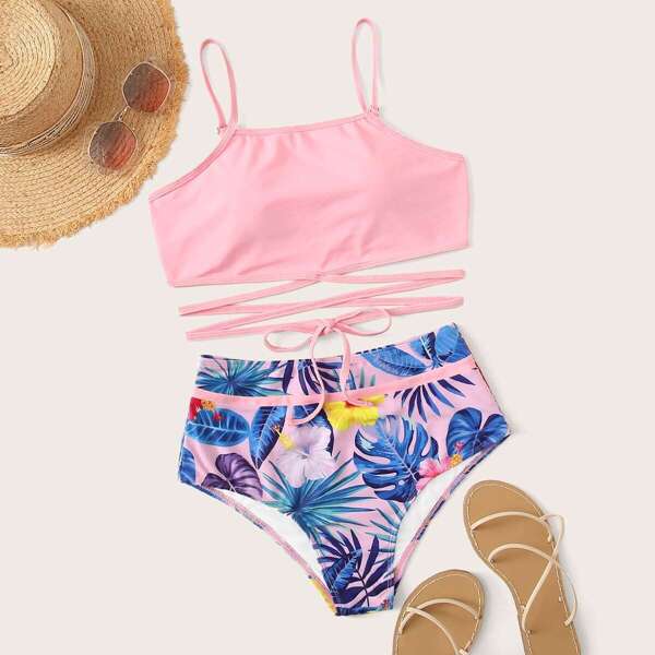 

Strap Top With Tropical Bikini Set