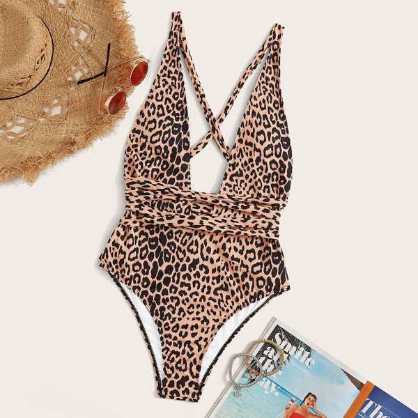 

Leopard Criss Cross One Piece Swimsuit, Multicolor