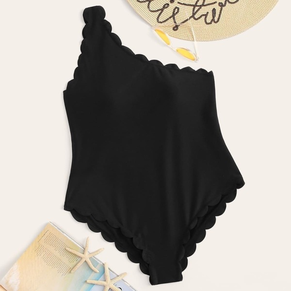 

Plus Scallop Trim One Shoulder One Piece Swimwear, Black