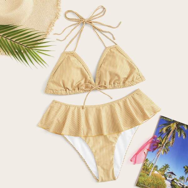 

Plus Striped Halter Top With Ruffle Trim Bikini Set, Yellow