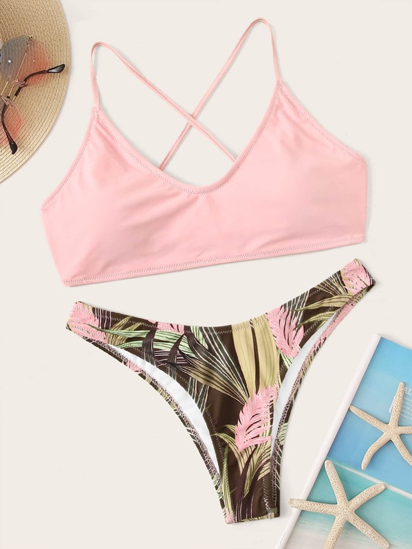 

Lace Up Top With Tropical Bikini Set, Multicolor