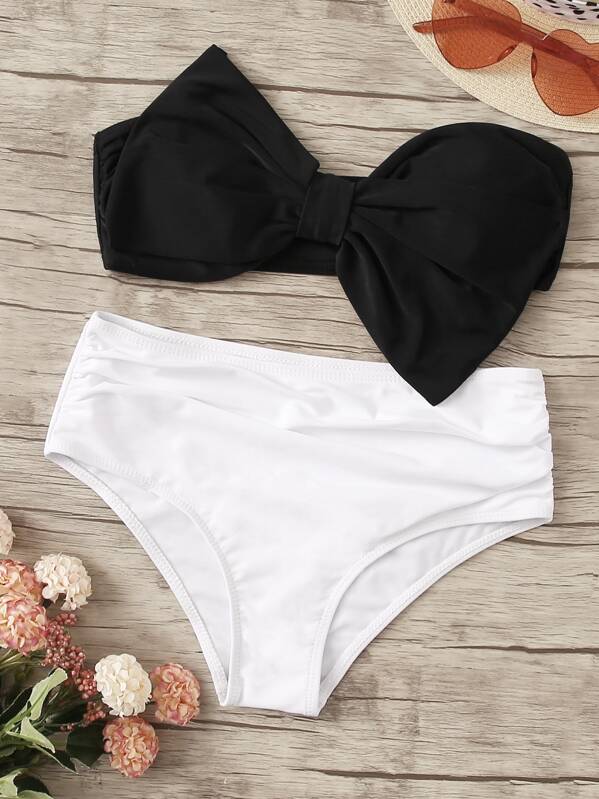 

Bow Bandeau With High Waist Bikini Set, Black and white