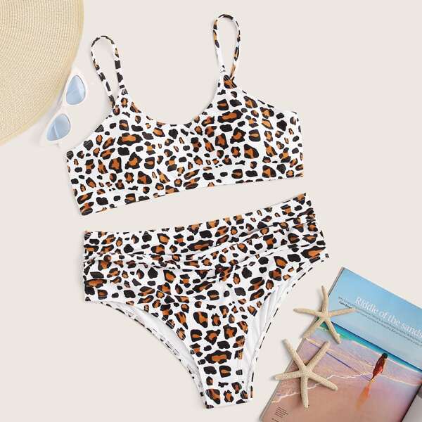 

Plus Leopard Top With Ruched Bikini Set, Multicolor