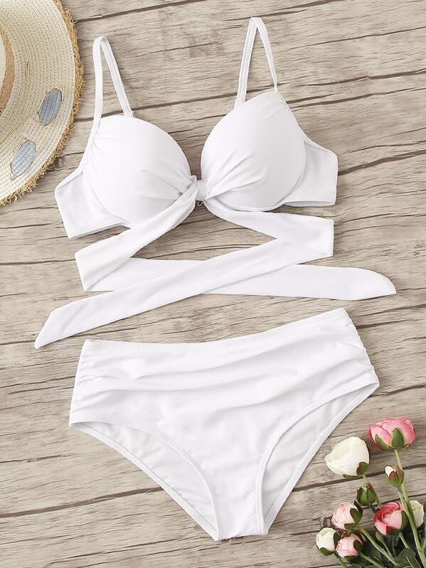 

Wrap Top With Ruched Bikini Set, White