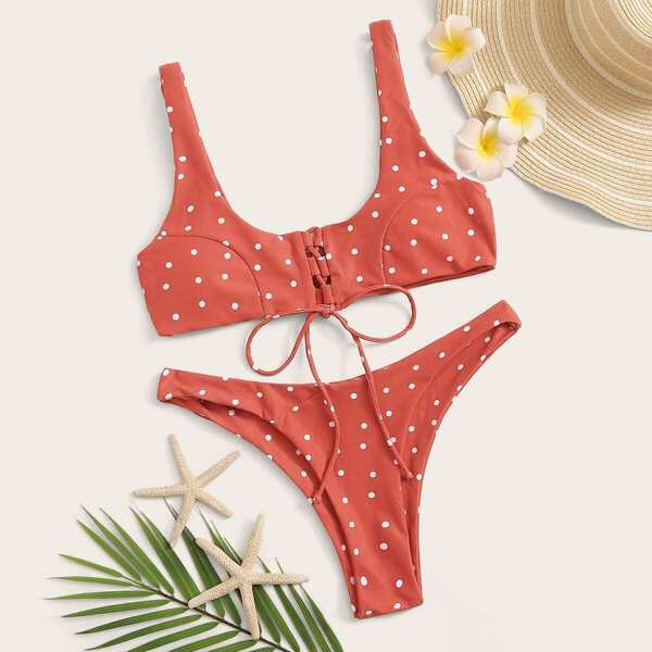 

Polka Dot Lace Up Top With High Cut Bikini Set