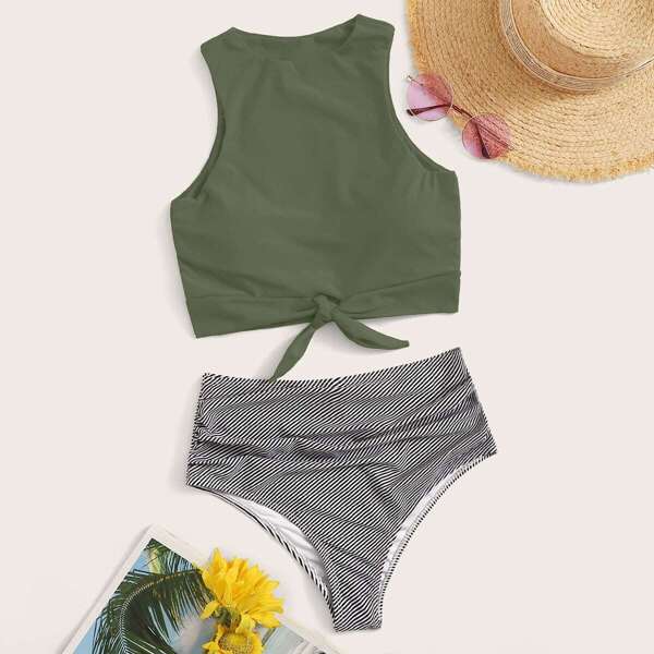 

Plus Knot Hem Top With Striped Bikini Set