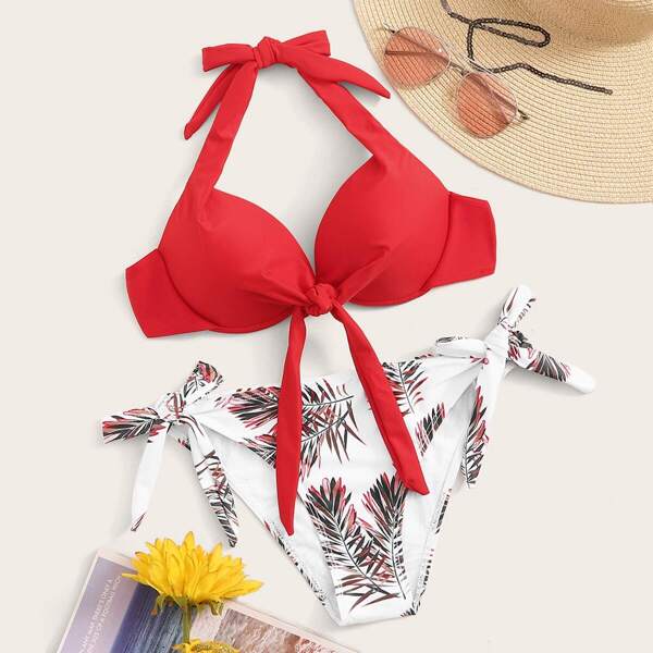 

Knot Front Halter Top With Tie Side Bikini Set
