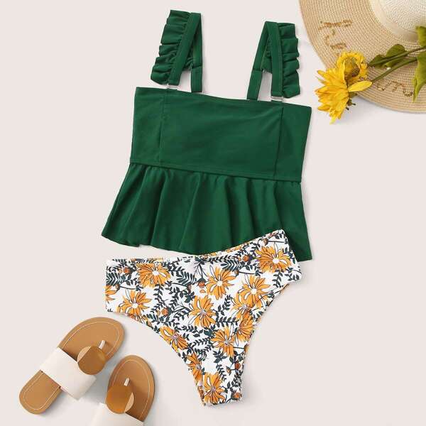 

Ruffle Hem Top With Floral High Waist Tankini